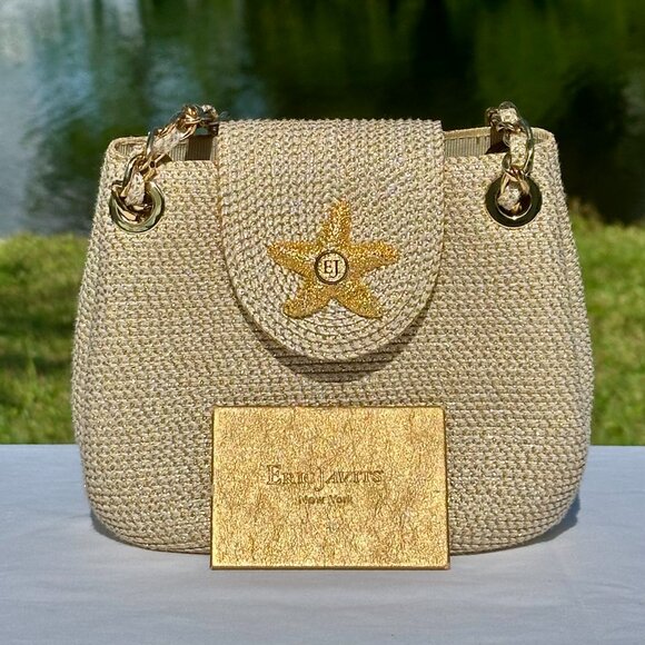Eric Javits Raffia Sand Dollar Top Handle Chain Strap Gold Metallic Bag - Picture 7 of 13